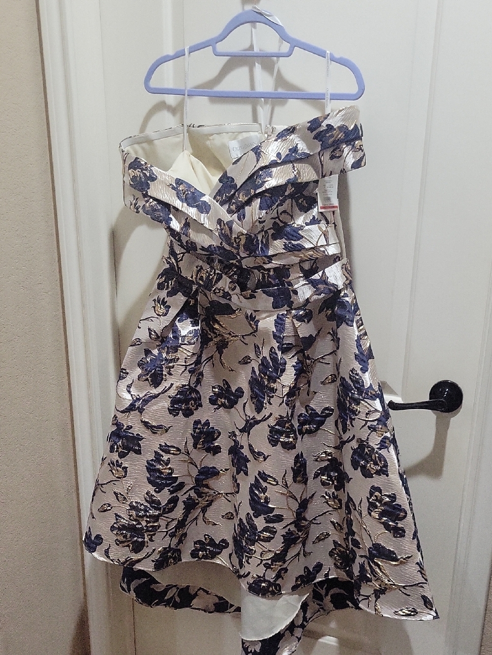 Oleg Cassini Off-Shoulder Cream and Navy Floral Dress